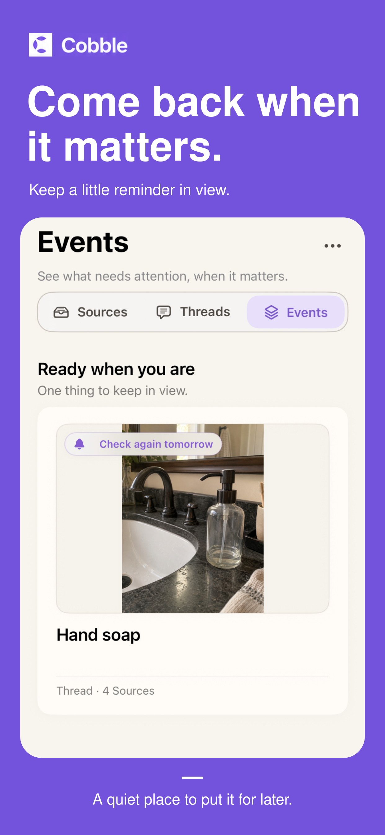 Cobble Events screen showing a reminder to check the hand-soap refill tomorrow.