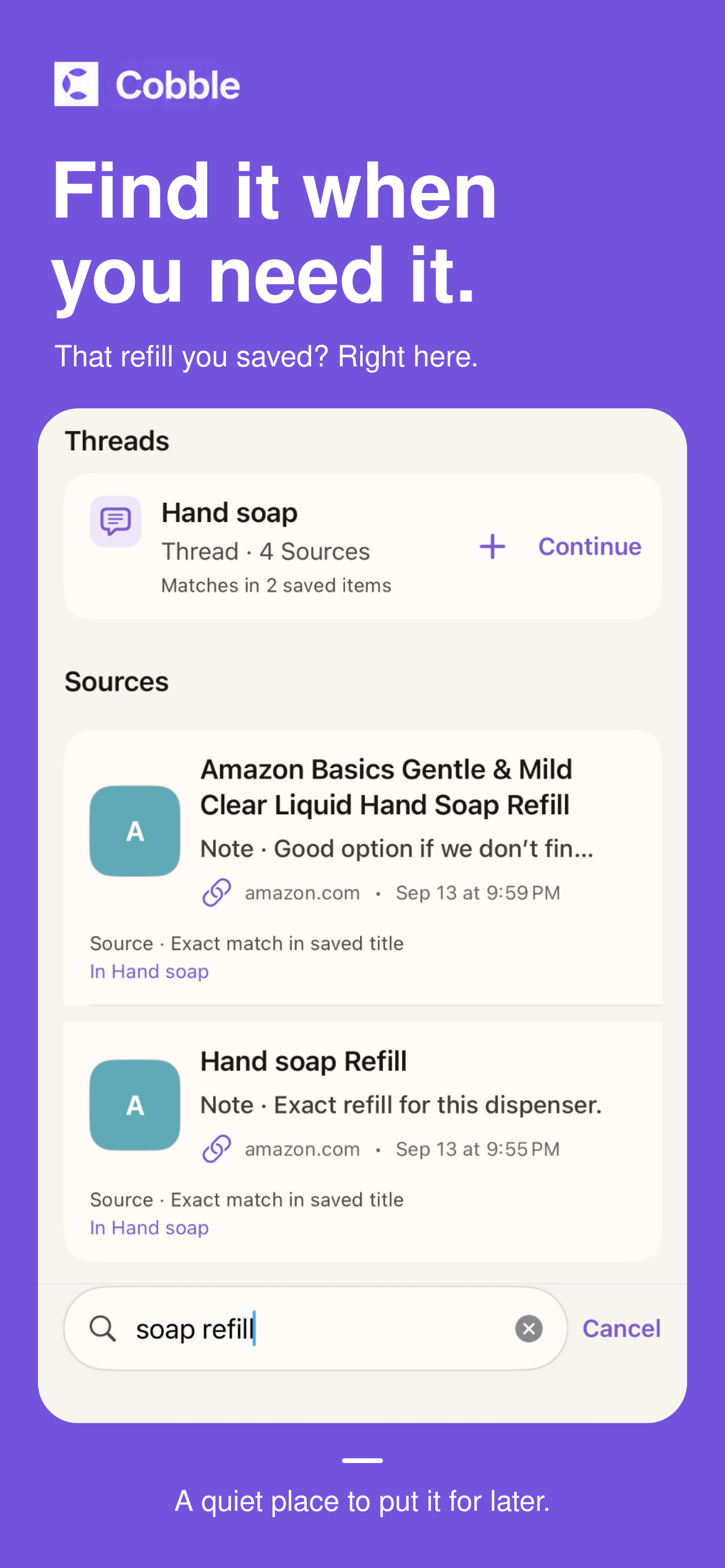 Cobble search results for soap refill, including a matching Thread and two saved Sources.