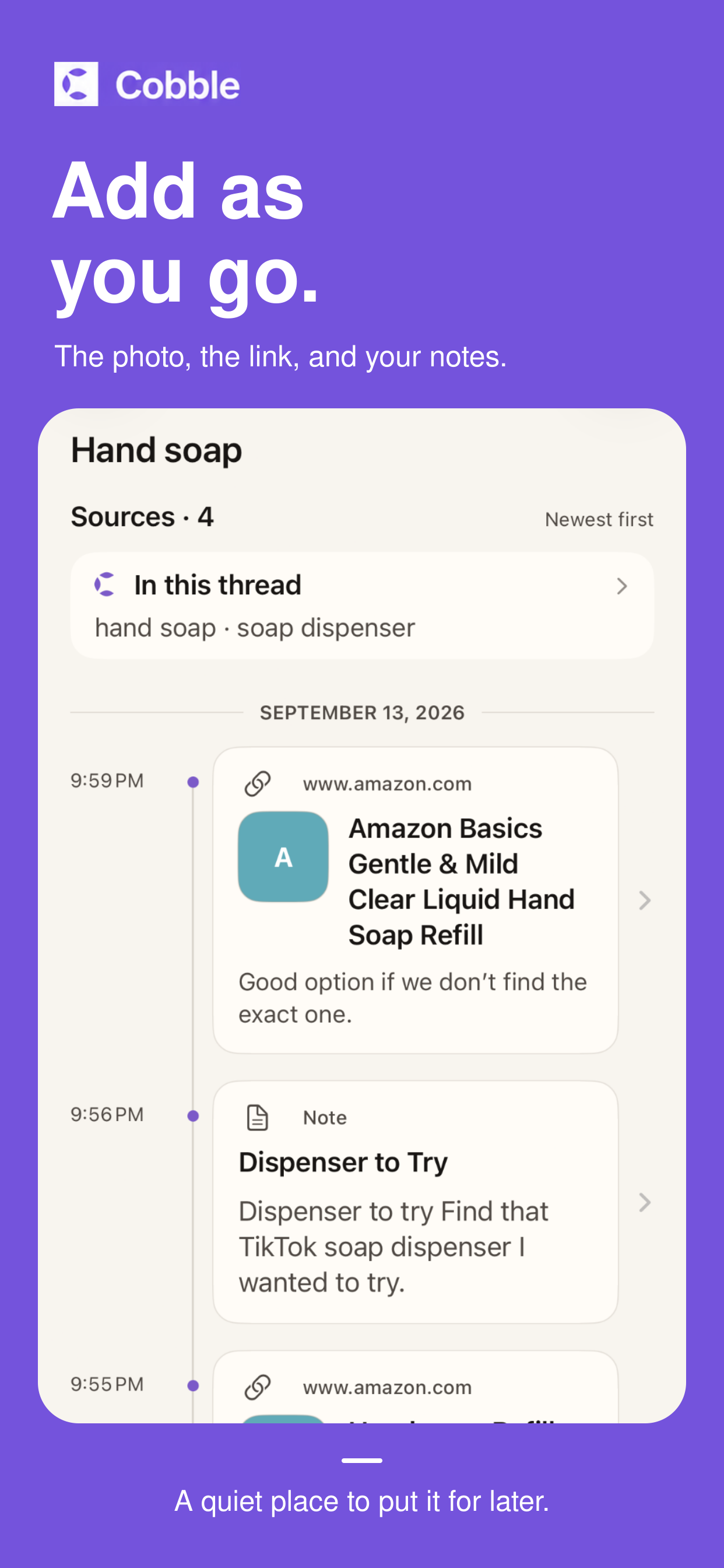 Cobble Hand soap Thread showing four related Sources in a timeline.