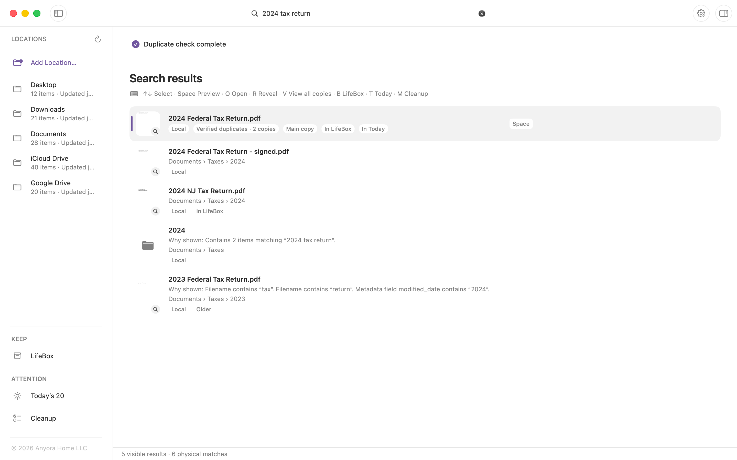File Index searching for a tax return across local folders and cloud-drive locations, with verified copies shown in the results.